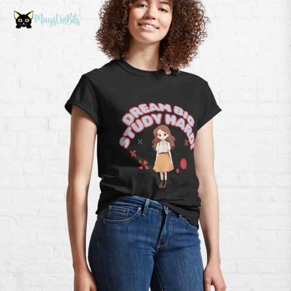 Motivate students with the 'Dream Big Study Hard' design featuring a charming anime girl. This classic t-shirt is perfect for back-to-school season, encouraging hard work and big dreams. Ideal for students of all ages, this shirt combines the appeal of anime with a powerful academic message.