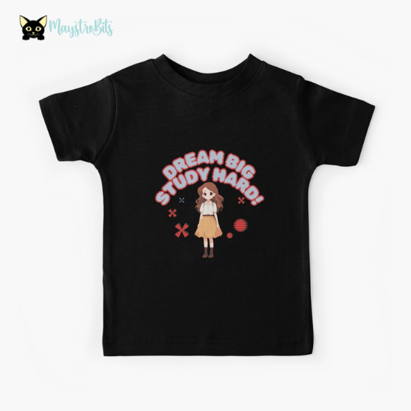 Inspire your little ones to reach their full potential with this "Dream Big Study Hard" Kids T-Shirt featuring a cute anime girl. Perfect for motivating young students, this adorable tee combines style and education, making it ideal for school days or study sessions. A must-have for any young scholar's wardrobe.