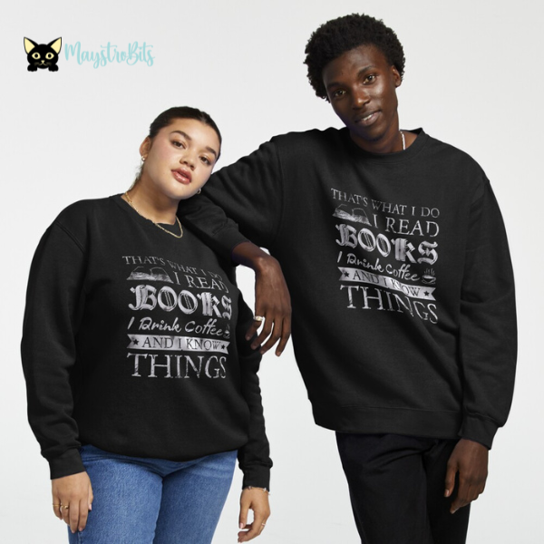 Stay warm and cozy while showing off your passion for reading with our "That's What I Do: I Read Books, I Drink Coffee" Pullover Sweatshirt. Perfect for chilly days spent with a good book and a hot cup of coffee, this sweatshirt is a book lover's dream. Whether you're lounging at home, in a library, or at a coffee shop, this sweatshirt is a stylish and comfortable way to celebrate your love for literature and caffeine. Ideal for readers, librarians, and bookish friends.